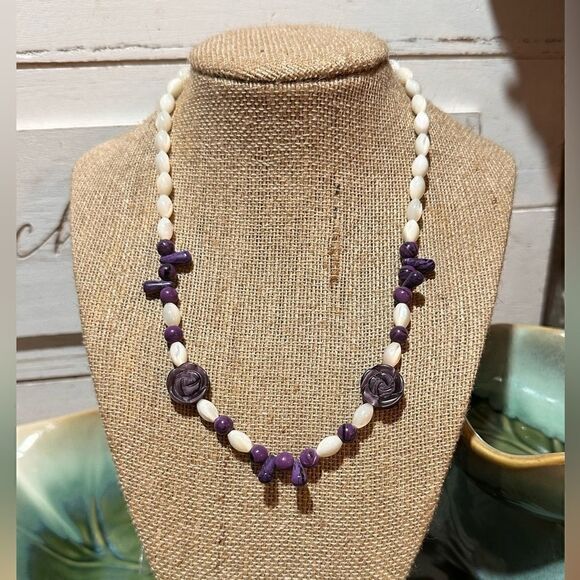 Vintage Handcrafted Moonstone & Amethyst Necklace 16” - Picture 2 of 6